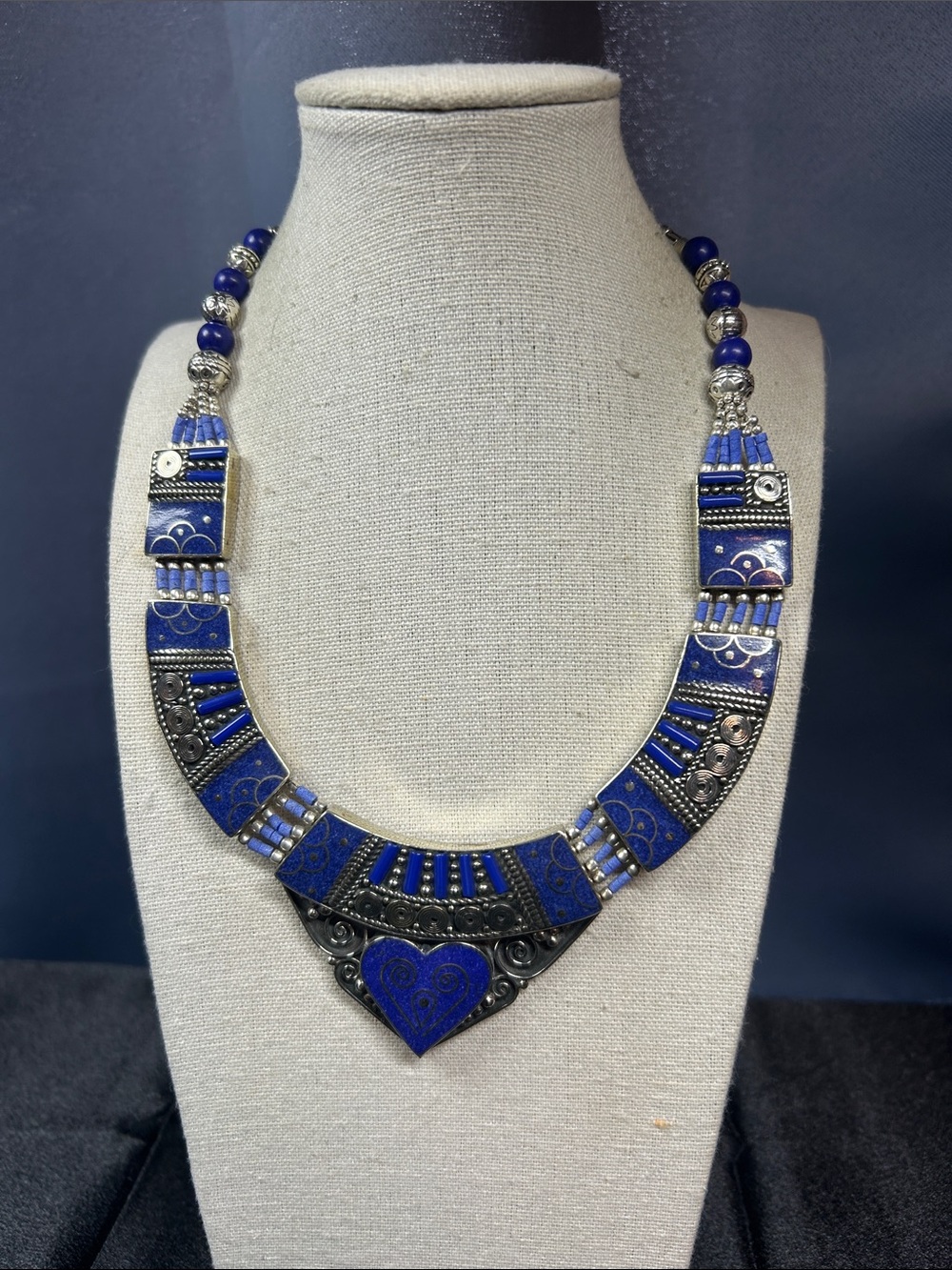 Vintage Tibetan style necklace featuring vibrant lapis lazuli stones